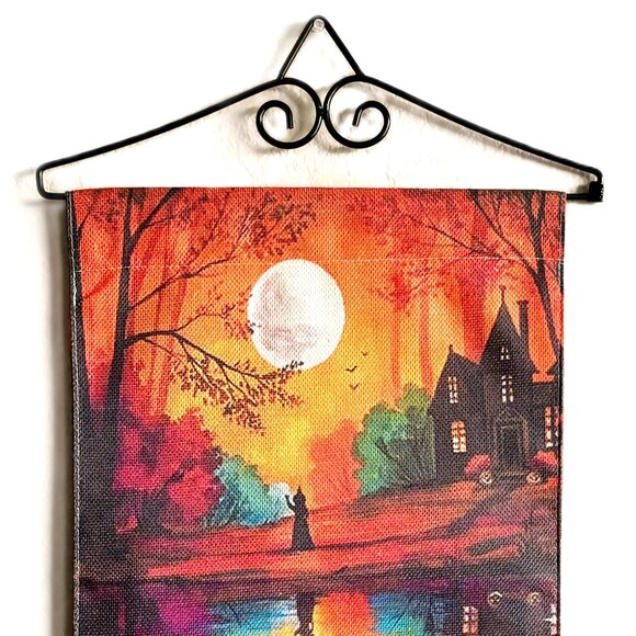 Durable Burlap Colorful Halloween Spooky Black Cats Witch Full Moon Flag Hanging - Picture 2 of 7